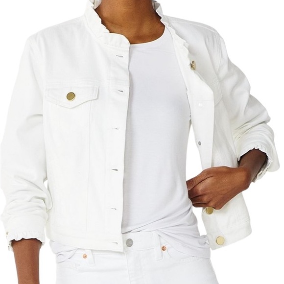 Draper James White Denim Ruffle Trim Cropped Jean Jacket - L - Picture 4 of 15